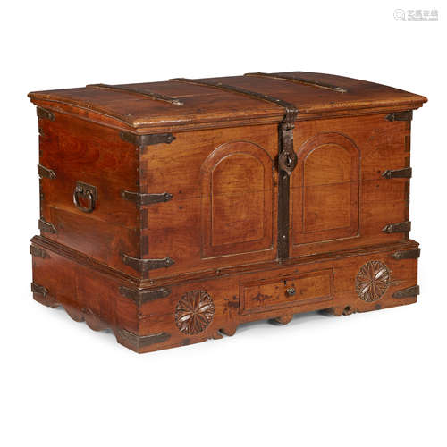 FRENCH CHESTNUT IRON MOUNTED CHEST 18TH CENTURY the hinged slightly bowed top with iron straps and