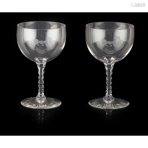 PAIR OF WHEEL-ENGRAVED ARMORIAL DRINKING GLASSES CIRCA 1860/70 with deep bowls wheel-engraved with