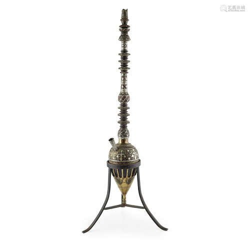 MUGHAL COCONUT, BRASS AND WHITE METAL HOOKAH BASE 19TH CENTURY inlaid with stylised flowers and