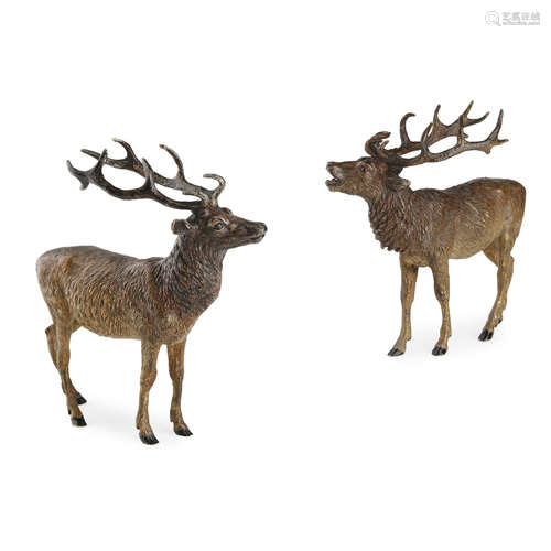 PAIR OF AUSTRIAN COLD PAINTED BRONZE FIGURES OF STAGS EARLY 20TH CENTURY both realistically modelled