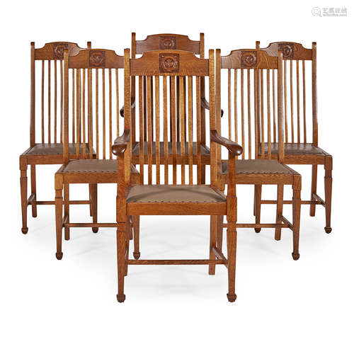 SET OF SIX OAK ARTS AND CRAFTS DINING CHAIRS LATE 19TH CENTURY the tall slat backs with foliate