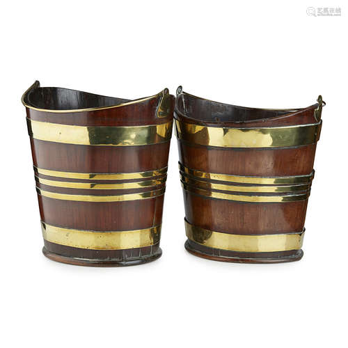 NEAR PAIR OF GEORGE III BRASS BANDED MAHOGANY PEAT BUCKETS 18TH CENTURY of elliptical tapered