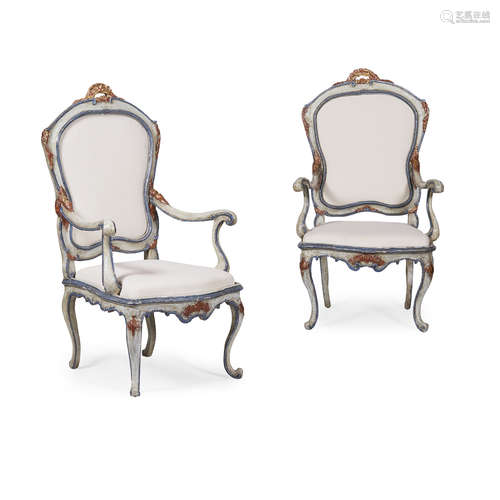 PAIR OF ITALIAN BLUE PAINTED AND PARCEL GILT ARMCHAIRS 18TH CENTURY the cartouche shaped backs