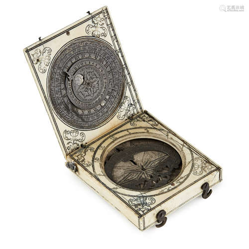 FRENCH IVORY CASED MAGNETIC AZIMUTH DIPTYCH 17TH CENTURY the hinged casing with an equinoctial