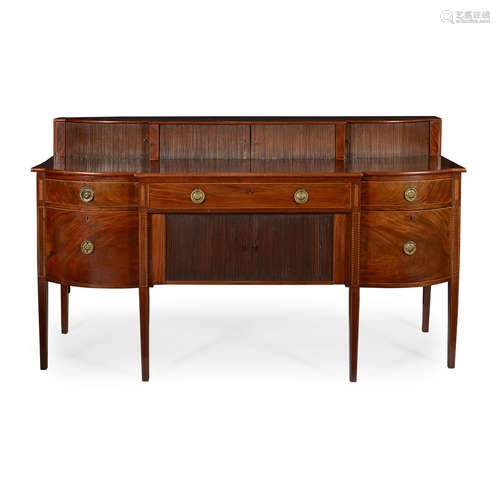 REGENCY MAHOGANY, SATINWOOD AND INLAY STAGEBACK SIDEBOARD EARLY 19TH CENTURY the superstructure with