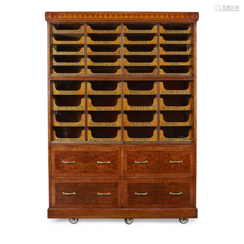 LARGE ART DECO WALNUT PARQUETRY HABERDASHERY CABINET 1930S the step moulded cornice with zigzag