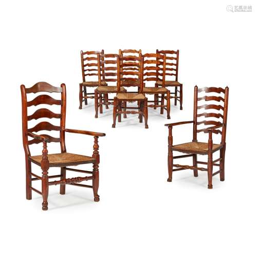 ASSEMBLED SET OF EIGHT LADDERBACK CHAIRS 19TH CENTURY comprising six side chairs and two