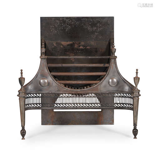 GEORGE III STEEL AND IRON FIRE BASKET, IN THE MANNER OF ROBERT ADAM 18TH CENTURY the square fireback