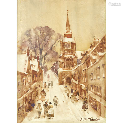 JAMES WATTERSTON HERALD (SCOTTISH 1859-1914) WINTER STREET SCENE Signed, watercolour 36cm x 26cm (