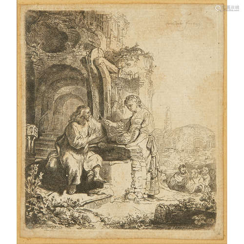 REMBRANDT VAN RIJN (DUTCH 1606-1669) CHRIST AND THE WOMAN OF SAMARIA, AMONG RUINS Etching, first