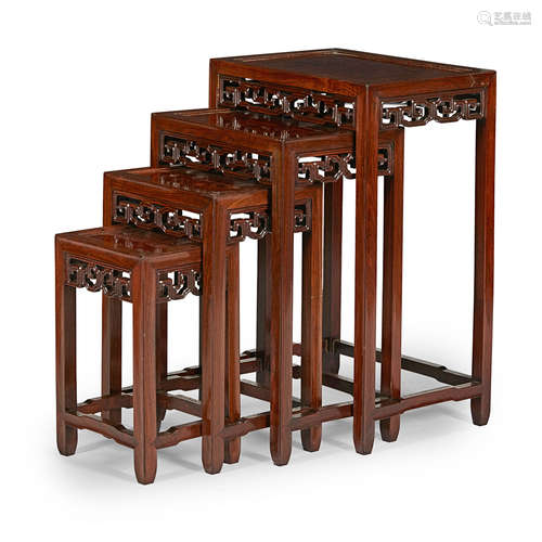 SET OF CHINESE WALNUT AND BURRWOOD QUARTETTO TABLES EARLY 20TH CENTURY the panel tops over scroll