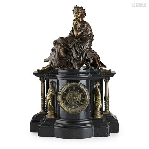 NAPOLEON III BRONZE AND MARBLE MANTEL CLOCK 19TH CENTURY the circular Roman numeral dial set in an