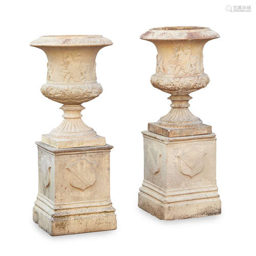 PAIR OF SCOTTISH FIRECLAY EGLINTON URNS AND STANDS, BY CRAIGS OF KILMARNOCK 19TH CENTURY of