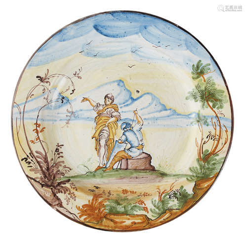 ITALIAN POLYCHROME MAIOLICA PLATE, POSSIBLY PAVIA LATE 17TH/ EARLY 18TH CENTURY with flattened