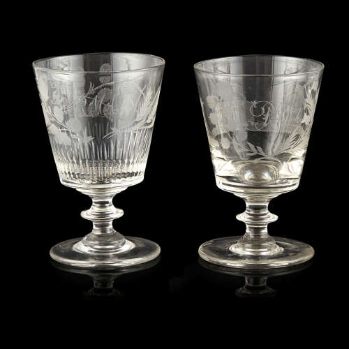 TWO REGENCY ENGRAVED GLASS RUMMERS EARLY 19TH CENTURY with flared bucket bowls, raised on short