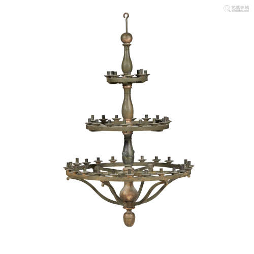 LARGE PAINTED AND PARCEL GILTWOOD AND TOLE CHANDELIER the turned baluster central column with