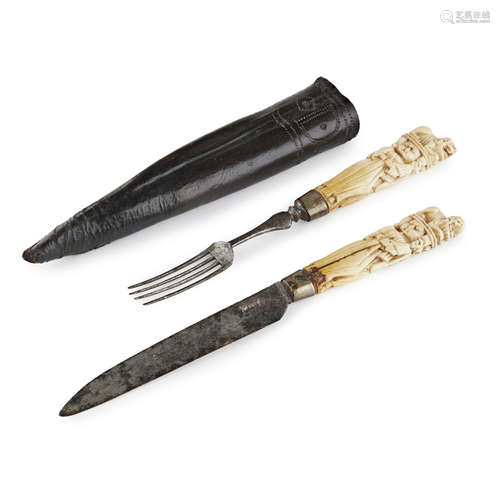 SCANDINAVIAN CARVED IVORY HANDLED KNIFE AND FORK SET LATE 18TH CENTURY carved with figures of