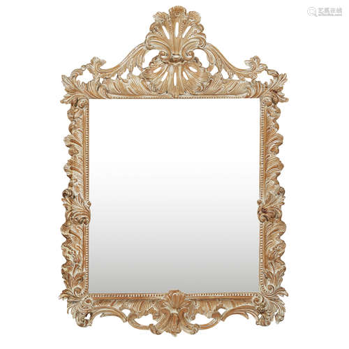 GEORGIAN STYLE LIMED PINE MIRROR MODERN in the George II style, the pierced and carved shell and