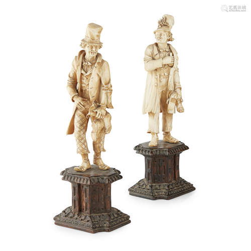 PAIR OF LARGE GERMAN CARVED IVORY FIGURES OF COBBLERS 19TH CENTURY both with large hats, overcoats