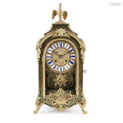 FRENCH GREEN BOULLE MARQUETRY BRACKET CLOCK 19TH CENTURY in the Louis XIV style, the arch top with a