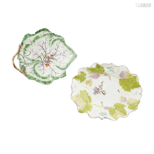 TWO ENGLISH PORCELAIN LEAF-FORM DISHES 18TH CENTURY the first by Chelsea, decorated with fruiting