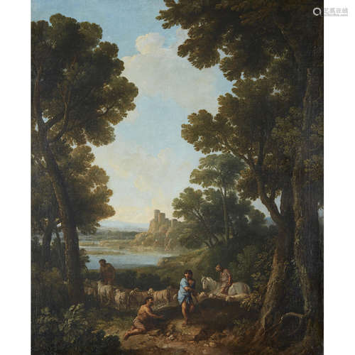 JAN FRANS VAN BLOEMEN CALLED IL HORIZONTE A CLASSICAL LANDSCAPE WITH SHEPHERDS AND HORSEMAN Oil on