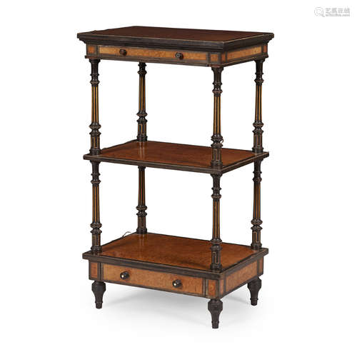 LATE REGENCY AMBOYNA AND EBONY WHATNOT BY GILLOWS 19TH CENTURY the rectangular top with brass