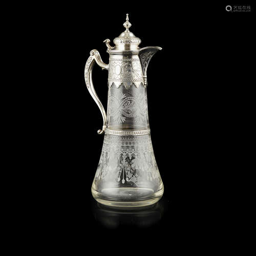 GERMAN SILVER MOUNTED ENGRAVED GLASS DECANTER 19TH CENTURY with pointed finial to the domed cover,