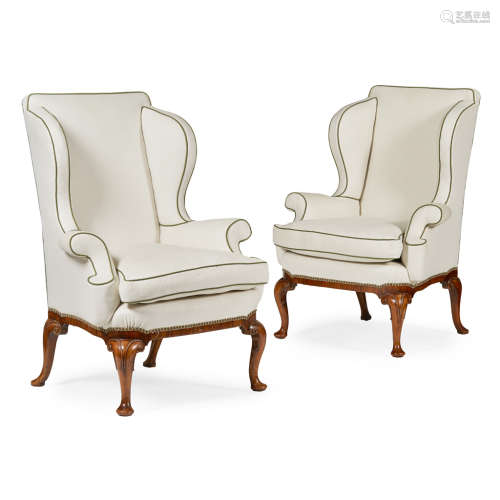 PAIR OF GEORGE II STYLE WALNUT WING ARMCHAIRS EARLY 20TH CENTURY the rectangular backs and