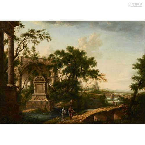 MANNER OF GIUSEPPE ZAIS A CLASSICAL LANDSCAPE WITH FIGURES BY RUINS Oil on canvas 74cm x 99cm (