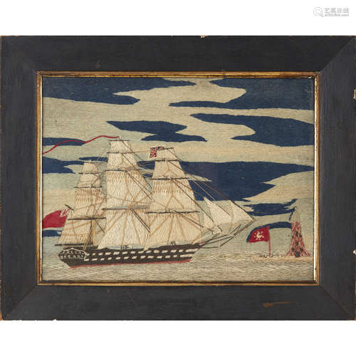 SAILOR'S WOOLWORK PICTURE 19TH CENTURY of rectangular form, depicting a British Navy frigate