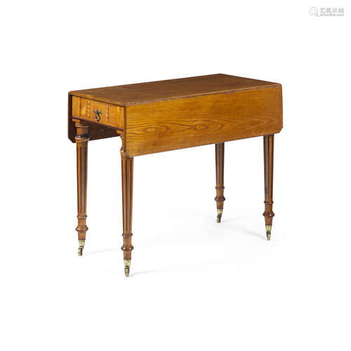 ARTS & CRAFTS OAK, MAHOGANY AND BIRCH INLAID PEMBROKE TABLE CIRCA 1880 the rectangular top with drop