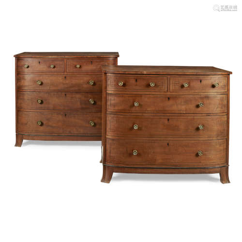 NEAR PAIR OF REGENCY MAHOGANY AND EBONISED BOWFRONT CHESTS OF DRAWERS, IN THE MANNER OF GILLOWS