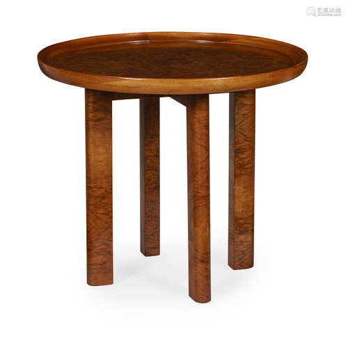 ART DECO BURR WALNUT OCCASIONAL TABLE EARLY 20TH CENTURY the circular tray top raised on straight