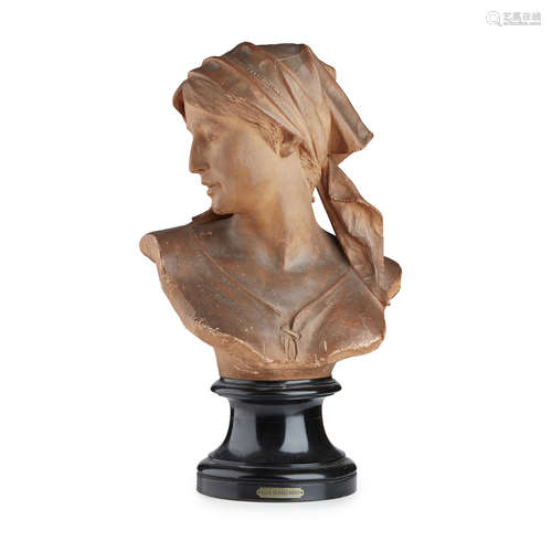 ALFONS VAN BEARDEN, SR. (BELGIAN, 1854-1938) TERRACOTTA BUST OF A YOUNG WOMAN wearing a headscarf,