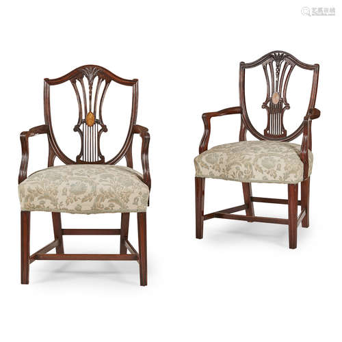 PAIR OF LATE GEORGE III MAHOGANY ARMCHAIRS LATE 18TH CENTURY en suite with the preceding lot, in the