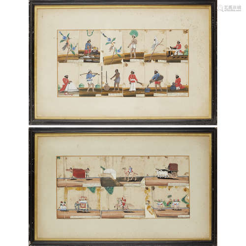 TWO FRAMED GROUPS OF INDIAN PAINTINGS ON MICA EARLY 19TH CENTURY comprising eighteen mica panels