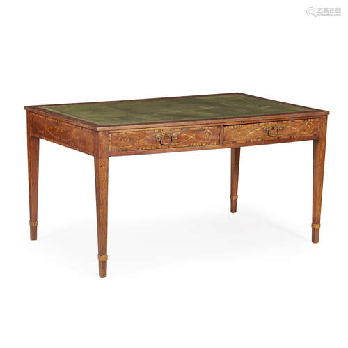 LATE GEORGE III WALNUT, GONCALO ALVES AND MARQUETRY LIBRARY TABLE LATE 18TH CENTURY, THE MARQUETRY