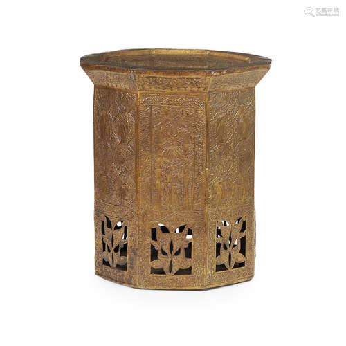 OTTOMAN GILT BRASS OCCASIONAL TABLE 19TH CENTURY the octagonal top embossed with figures, animals,