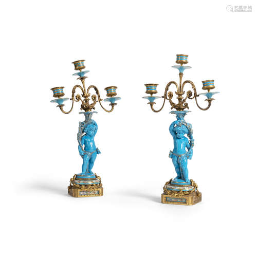 PAIR OF SÈVRES STYLE PORCELAIN AND GILT BRONZE CANDELABRA 19TH CENTURY with central sconces above