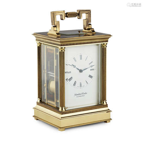 LARGE SWISS GILT BRASS REPEATER CARRIAGE CLOCK MODERN the four bevelled glass case enclosing a white