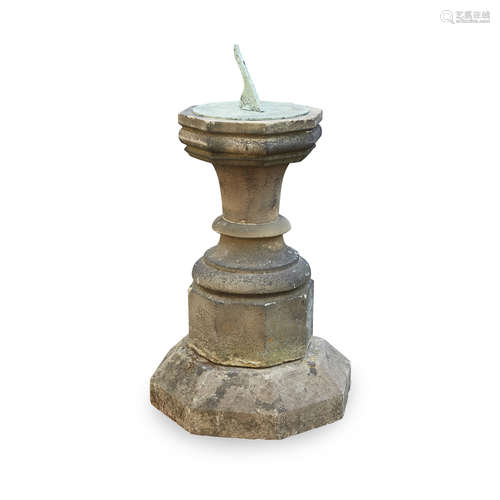 DOLLAND BRONZE SUNDIAL AND STONE PEDESTAL 19TH CENTURY the sundial with a solid bronze armature, the