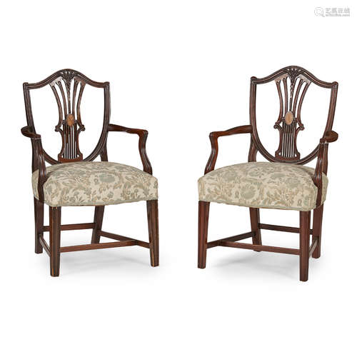 PAIR OF LATE GEORGE III MAHOGANY ARMCHAIRS LATE 18TH CENTURY in the Hepplewhite style, the shield