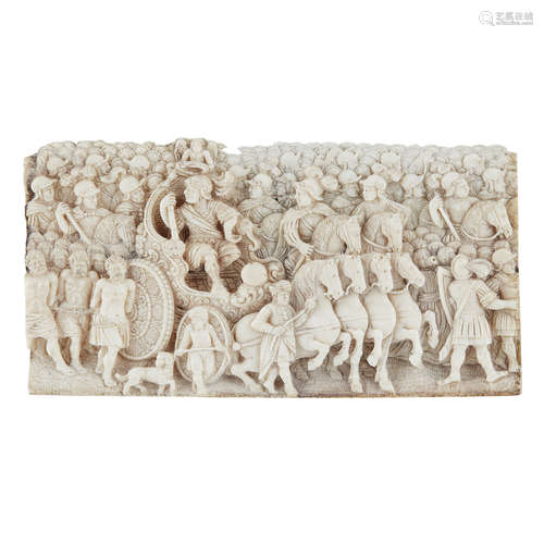 GERMAN RELIEF CARVED IVORY PLAQUE 18TH CENTURY depicting a Roman triumph procession with Emperor