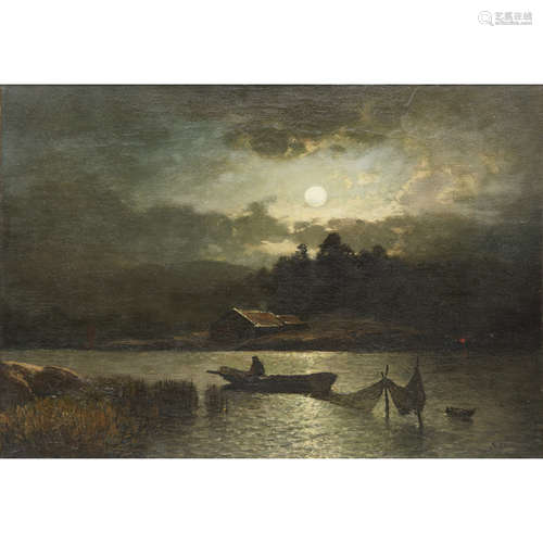 SOPHUS JACOBSEN (NORWEGIAN 1833-1912) FISHING WITH NETS BY MOONLIGHT Signed, oil on canvas 51cm x