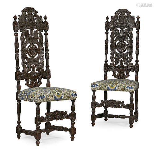 PAIR OF WILLIAM AND MARY OAK SIDE CHAIRS 17TH CENTURY the tall backs with arch cresting pierced