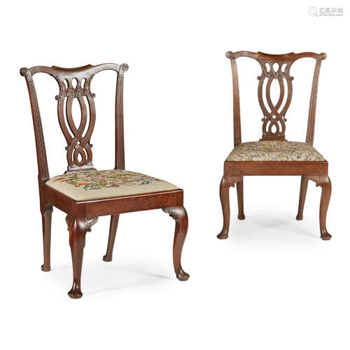 PAIR OF GEORGE II MAHOGANY SIDE CHAIRS MID 18TH CENTURY the serpentine top rails with scroll
