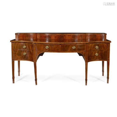 LATE GEORGE III MAHOGANY INLAID SERPENTINE STAGEBACK SIDEBOARD LATE 18TH CENTURY the