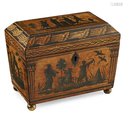 REGENCY PENWORK TEA CADDY EARLY 19TH CENTURY sarcophagus form, the hinged lid decorated with