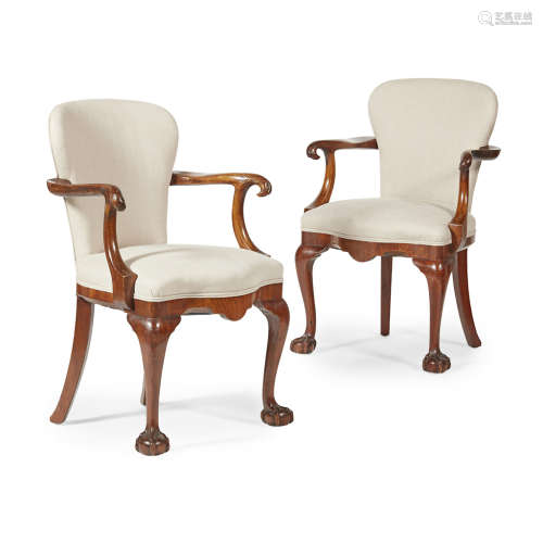 PAIR OF GEORGIAN REVIVAL WALNUT ARMCHAIRS LATE 19TH CENTURY the curved backs above serpentine
